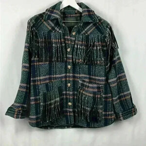 Blank NYC Women’s Shacket Green Plaid Button Front Fringe Detail Lined Pocket S